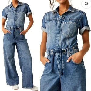 FREE PEOPLE EDISON WIDE LEG COVERALL OVERALL BLUE JEANS‎ SIZE XS